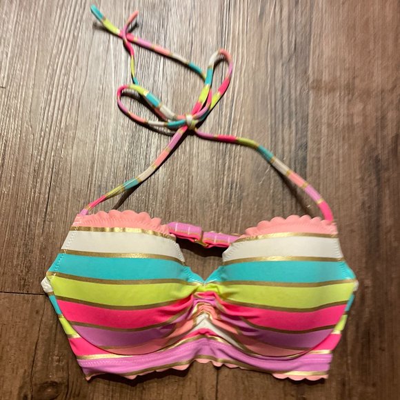 Rainbow Striped Victoria Secret Scalloped Swim suit top Size 32C - Picture 1 of 5